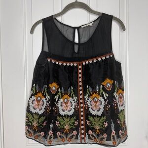 Anthropologie FLOREAT Boho Black  Embroidered Beaded Sleeveless Top Sz 4  $128
